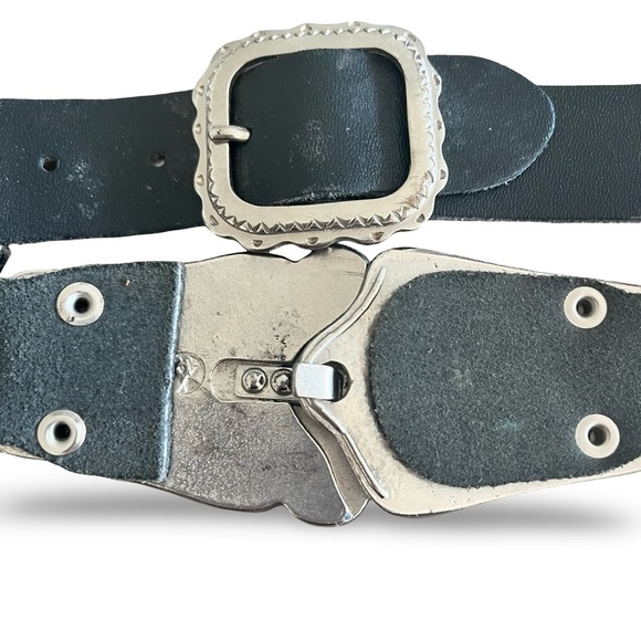 Y2K Silver Western Belt Buckle Heavy Accents Black Leather Adjustable Belt 36” main image 8